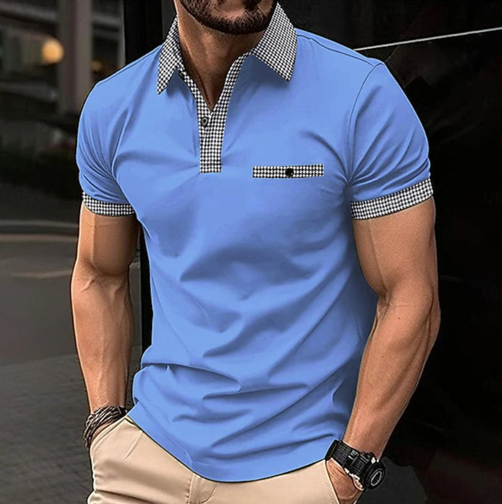 Men's Checkered-Collar Short-Sleeve Smart-Casual Polo Shirt - Blue