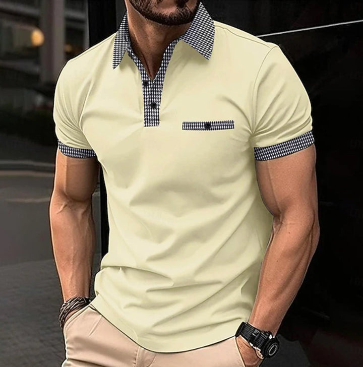 Men's Checkered-Collar Short-Sleeve Smart-Casual Polo Shirt - Light Yellow