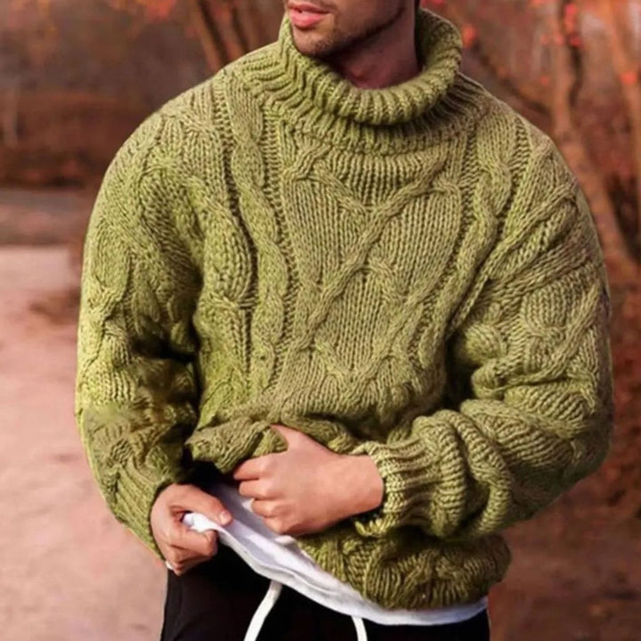 Men's Chunky Cable-Knit Turtleneck Winter Sweater - Green