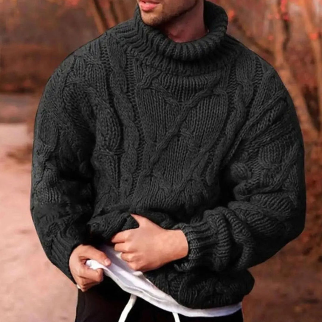 Men's Chunky Cable-Knit Turtleneck Winter Sweater - Black