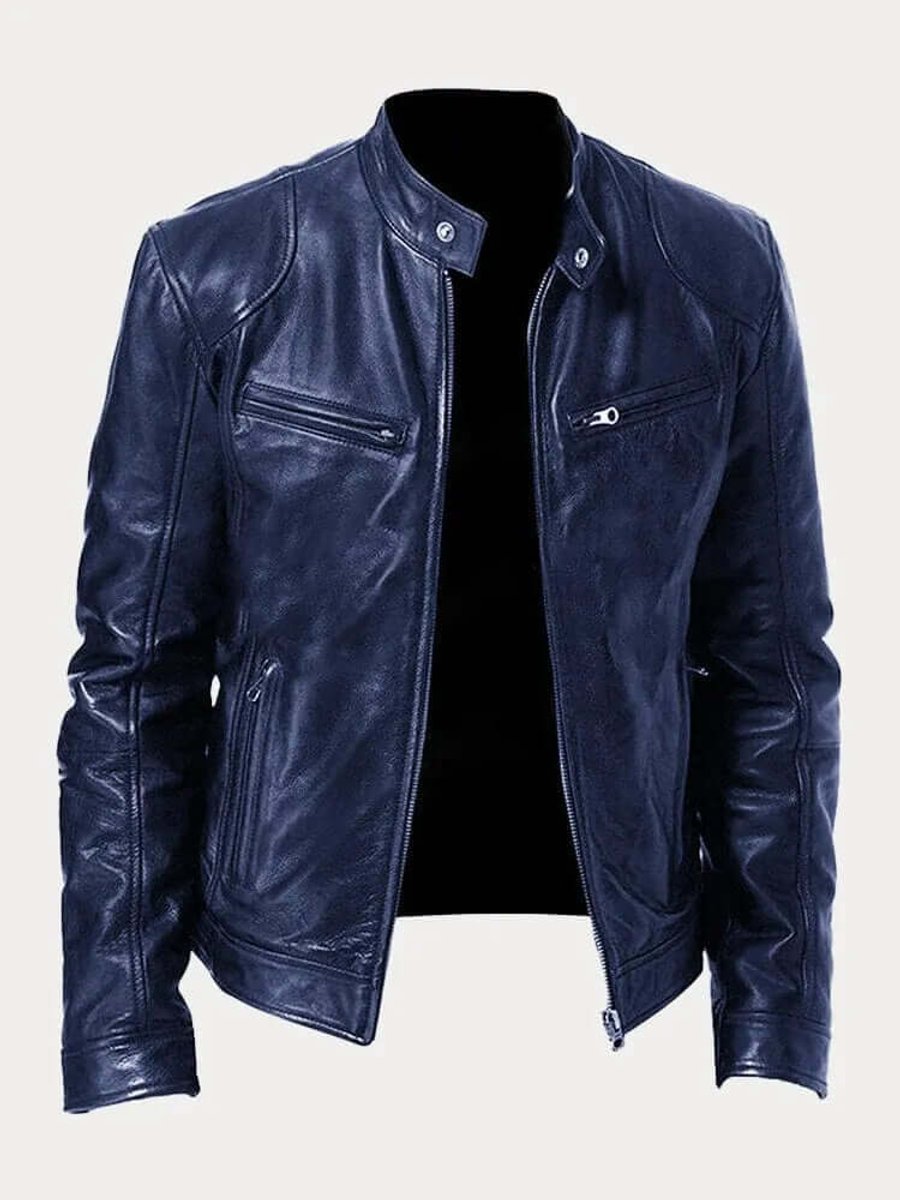 Men's Classic Biker Slim-Fit Zip-Up Leather Jacket - Dark Blue