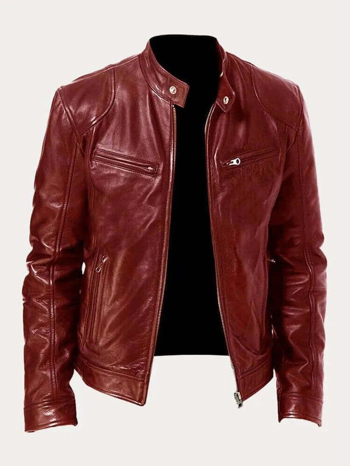 Men's Classic Biker Slim-Fit Zip-Up Leather Jacket - Burgundy