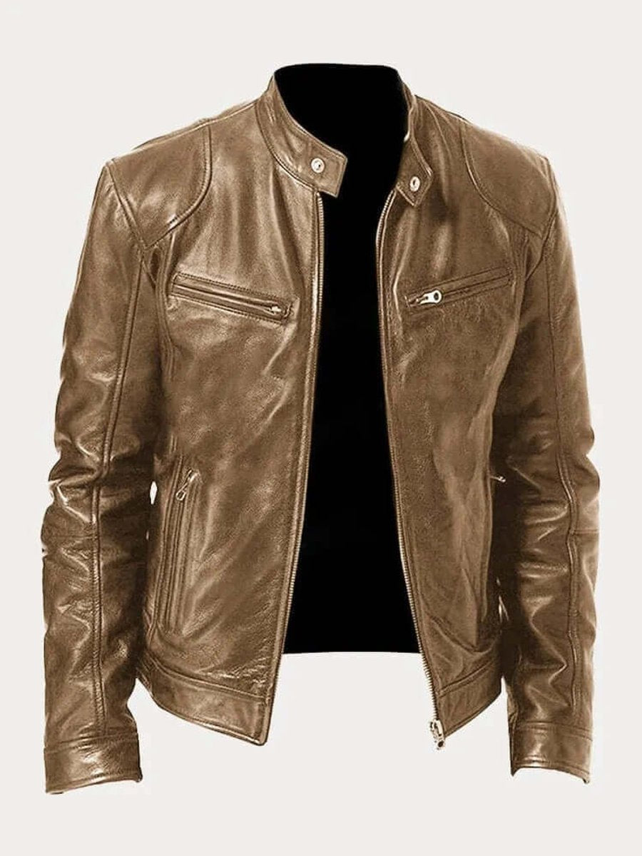 Men's Classic Biker Slim-Fit Zip-Up Leather Jacket - Khaki