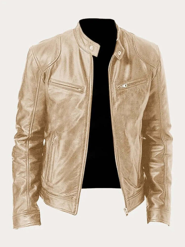 Men's Classic Biker Slim-Fit Zip-Up Leather Jacket - Gold