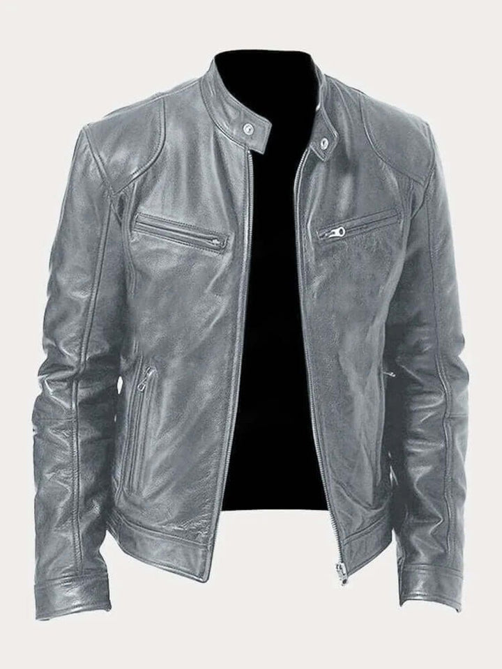Men's Classic Biker Slim-Fit Zip-Up Leather Jacket - Gray