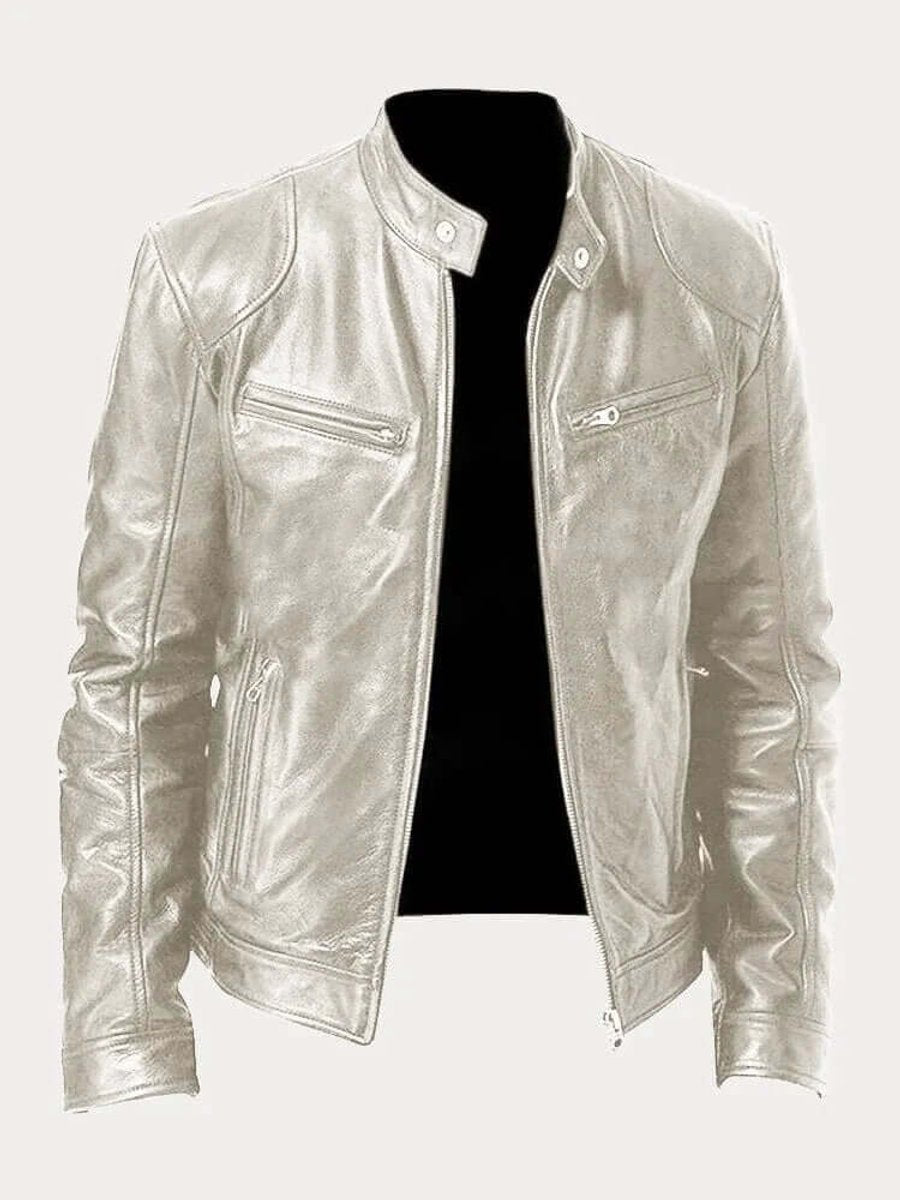 Men's Classic Biker Slim-Fit Zip-Up Leather Jacket - Silver