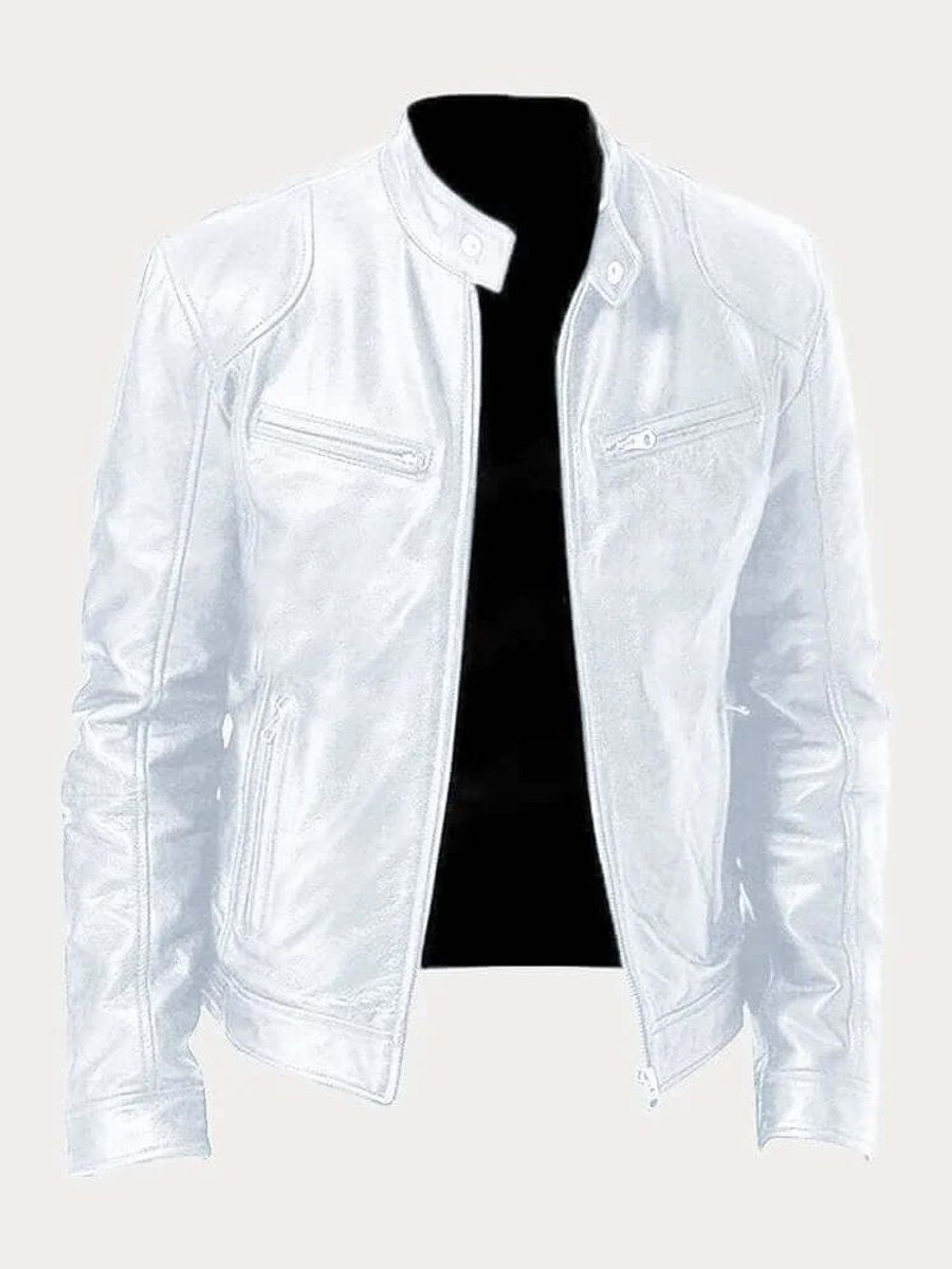 Men's Classic Biker Slim-Fit Zip-Up Leather Jacket - White