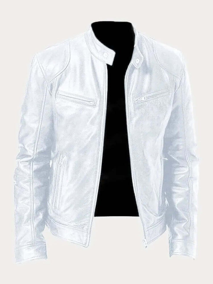 Men's Classic Biker Slim-Fit Zip-Up Leather Jacket - White