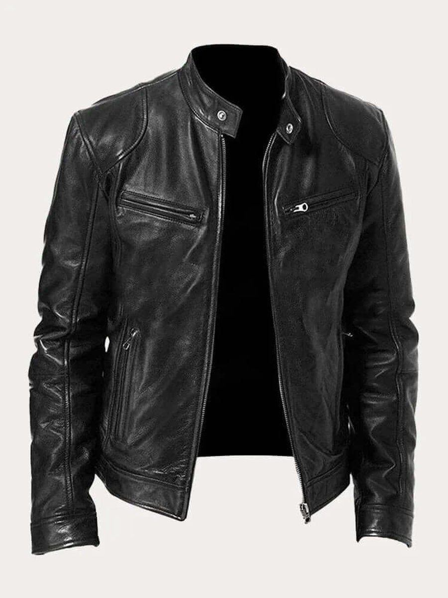 Men's Classic Biker Slim-Fit Zip-Up Leather Jacket - Black