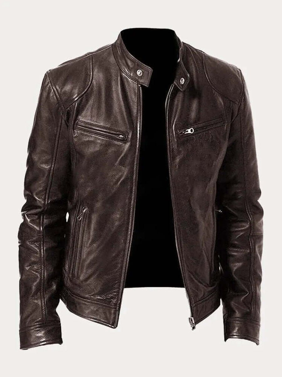 Men's Classic Biker Slim-Fit Zip-Up Leather Jacket - Brown