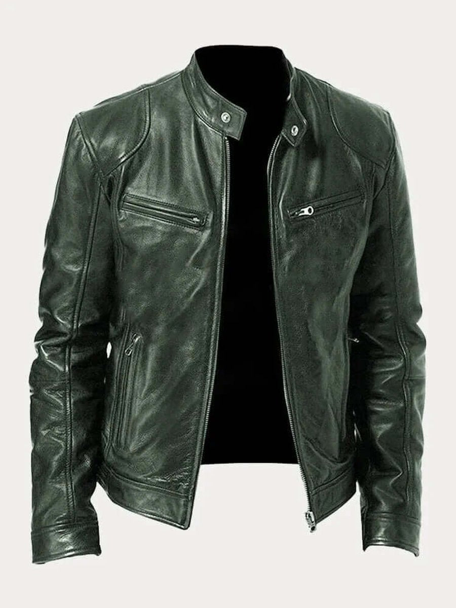 Men's Classic Biker Slim-Fit Zip-Up Leather Jacket - Military Green