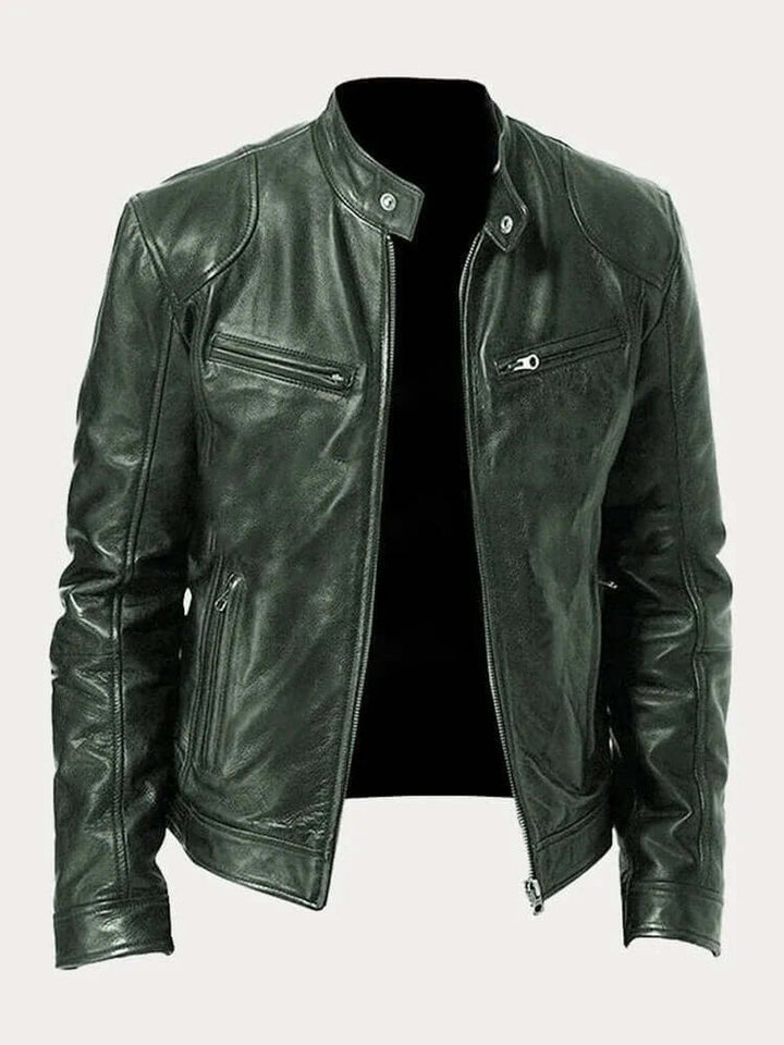 Men's Classic Biker Slim-Fit Zip-Up Leather Jacket - Military Green
