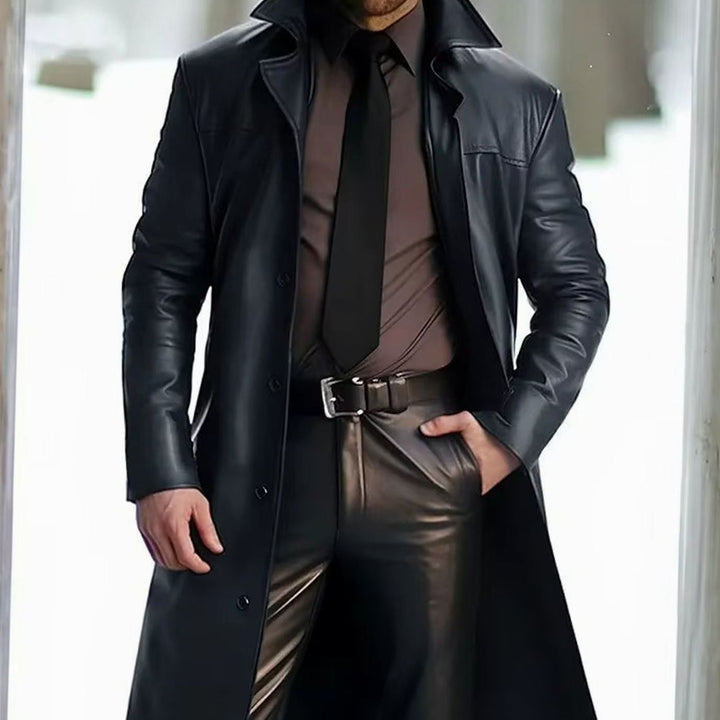 Men's Classic Button-Down Long Faux Leather Trench Coat - Black