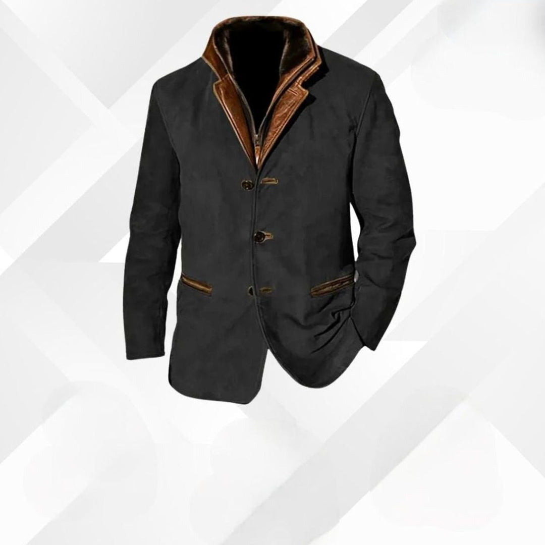 Men's Classic Button-Up Warm Jacket Contrast Collar Tailored Blazer - Black
