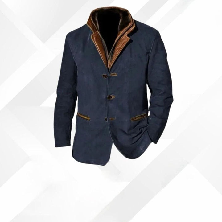 Men's Classic Button-Up Warm Jacket Contrast Collar Tailored Blazer - Dark Blue