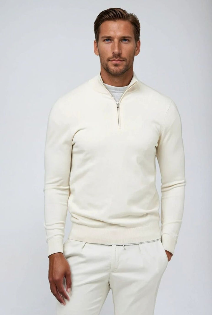 Men's Classic Quarter-Zip Knit Sweater Long Sleeve Pullover - White