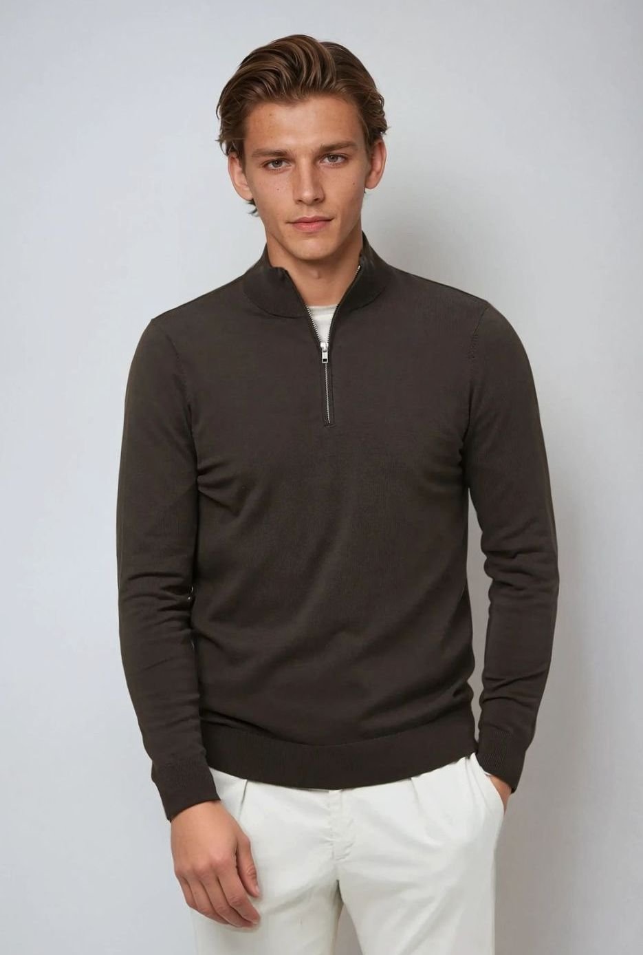 Men's Classic Quarter-Zip Knit Sweater Long Sleeve Pullover - Brown