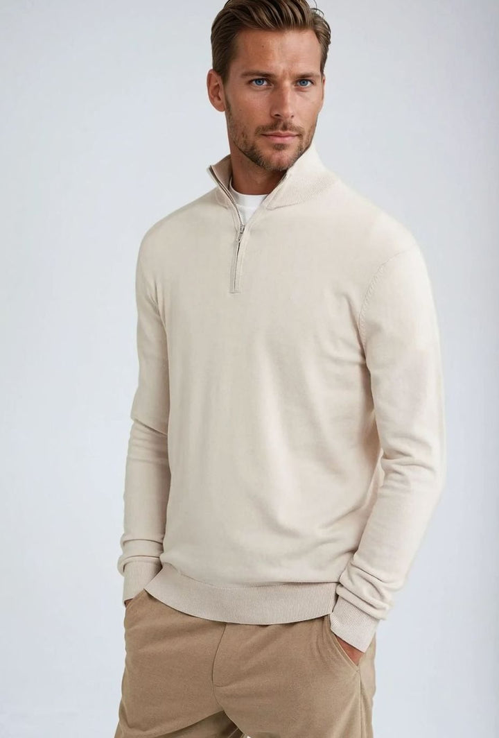 Men's Classic Quarter-Zip Knit Sweater Long Sleeve Pullover - Beige