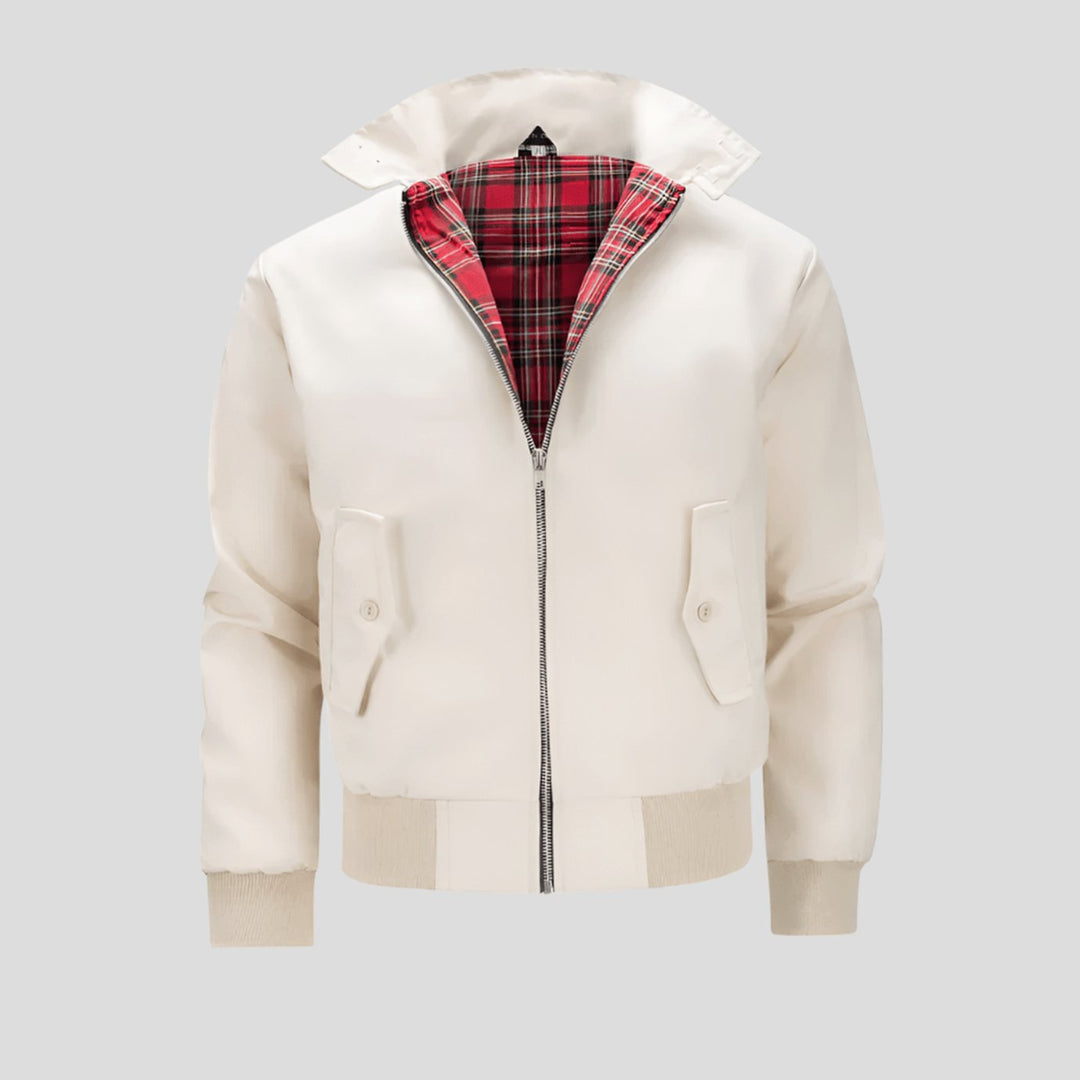 Men's Classic Tartan-Lined Zip-Up Bomber Jacket - Beige