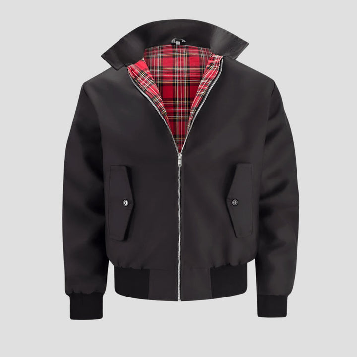 Men's Classic Tartan-Lined Zip-Up Bomber Jacket - Black