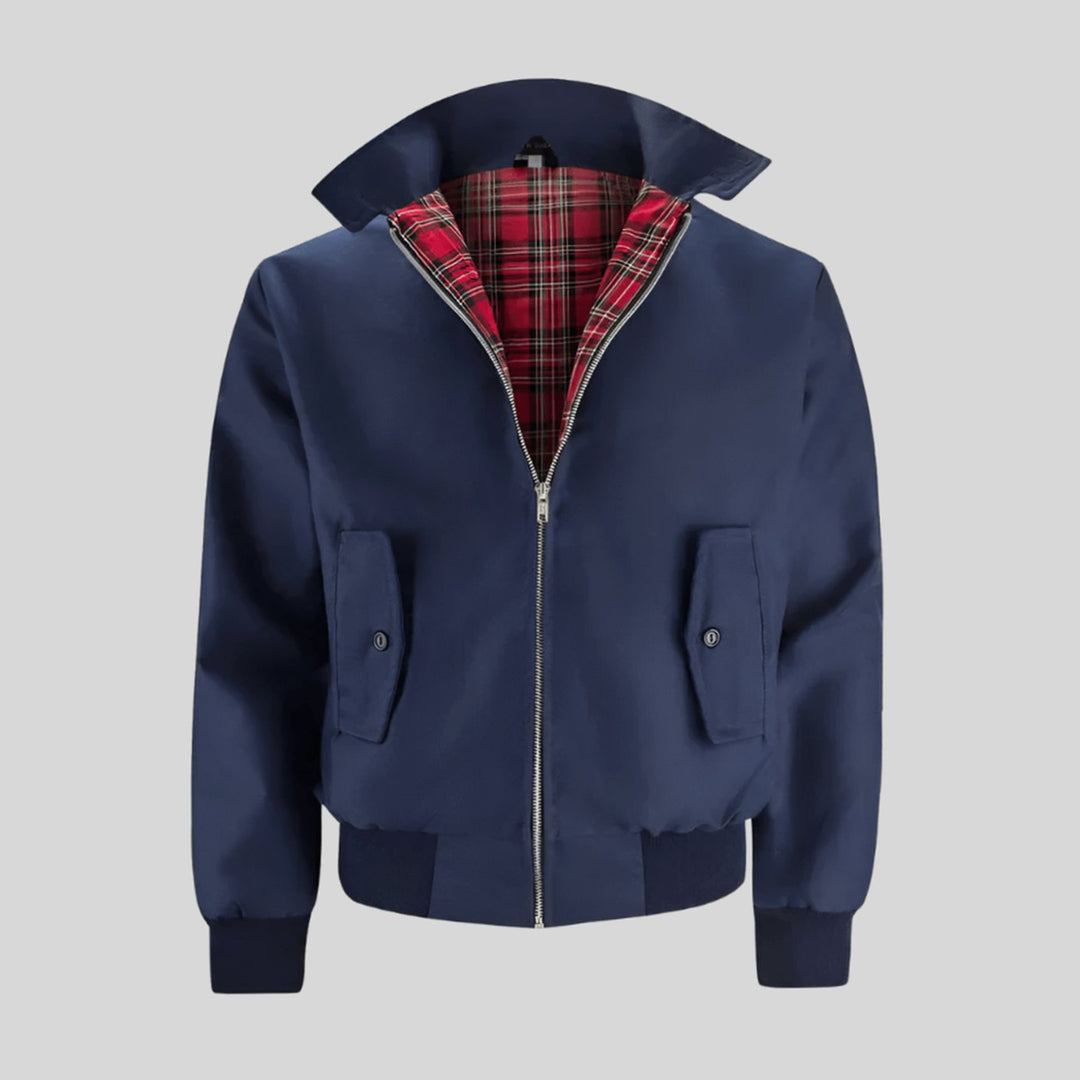 Men's Classic Tartan-Lined Zip-Up Bomber Jacket - Dark Blue