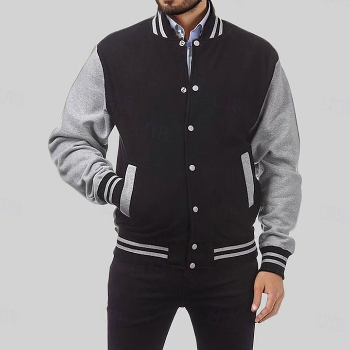 Men's Classic Varsity Bomber Jacket Snap-Button Ribbed Collar