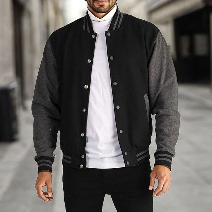 Men's Classic Varsity Bomber Jacket Snap-Button Ribbed Collar - Black