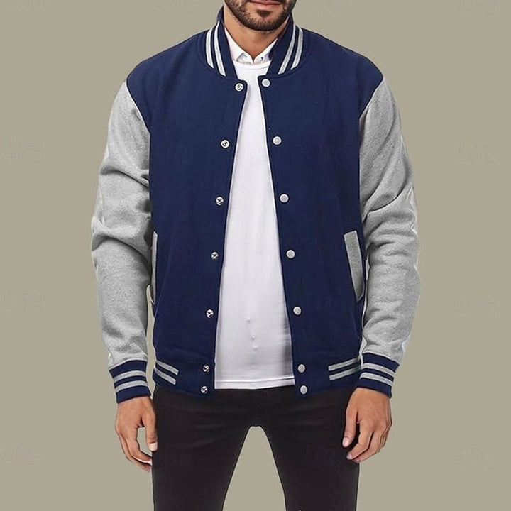 Men's Classic Varsity Bomber Jacket Snap-Button Ribbed Collar