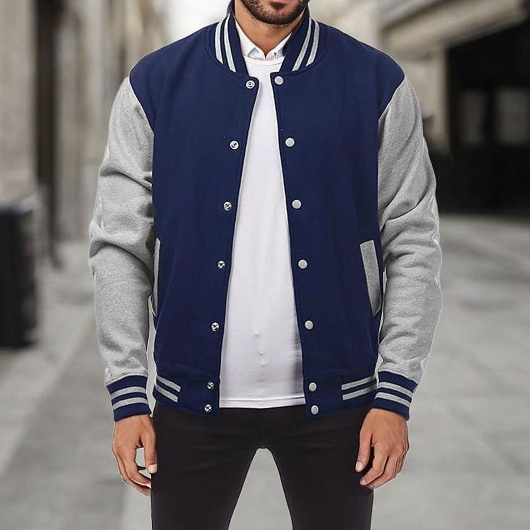 Men's Classic Varsity Bomber Jacket Snap-Button Ribbed Collar - Navy Blue