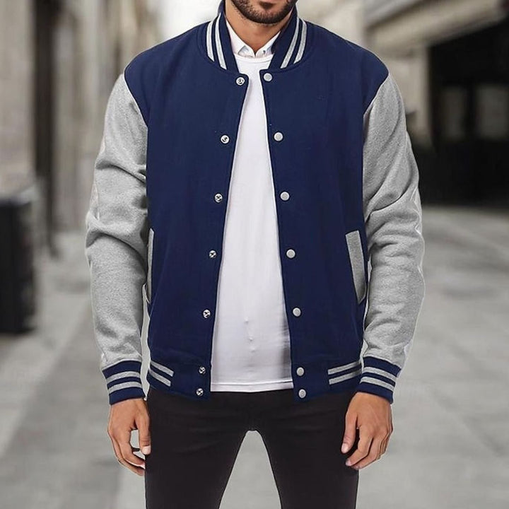 Men's Classic Varsity Bomber Jacket Snap-Button Ribbed Collar - Navy Blue