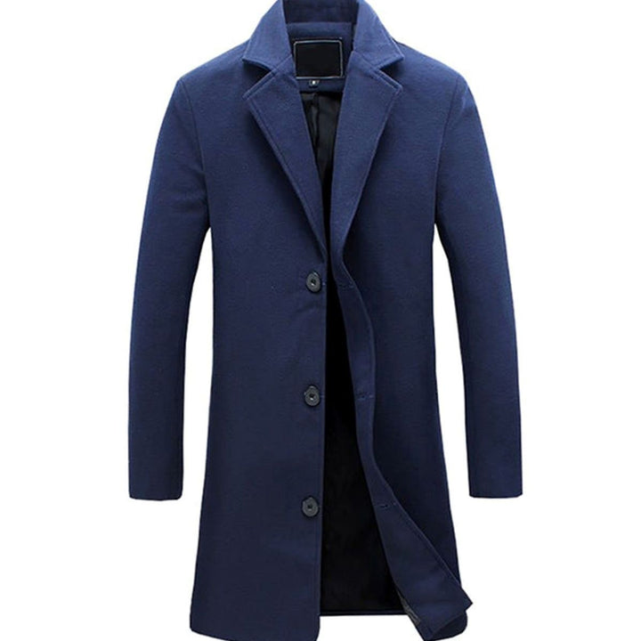 Men's Cold Weather Wool-Blend Single-Breasted Longline Overcoat - Navy Blue