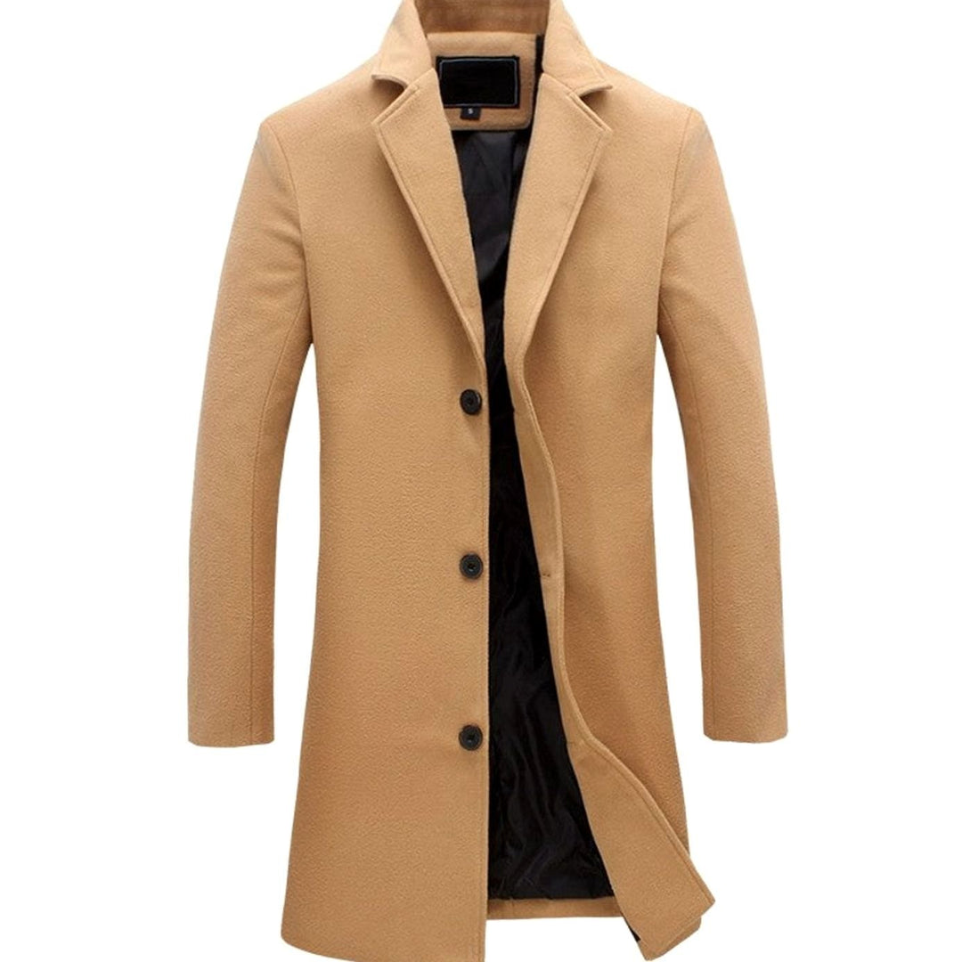 Men's Cold Weather Wool-Blend Single-Breasted Longline Overcoat - Khaki