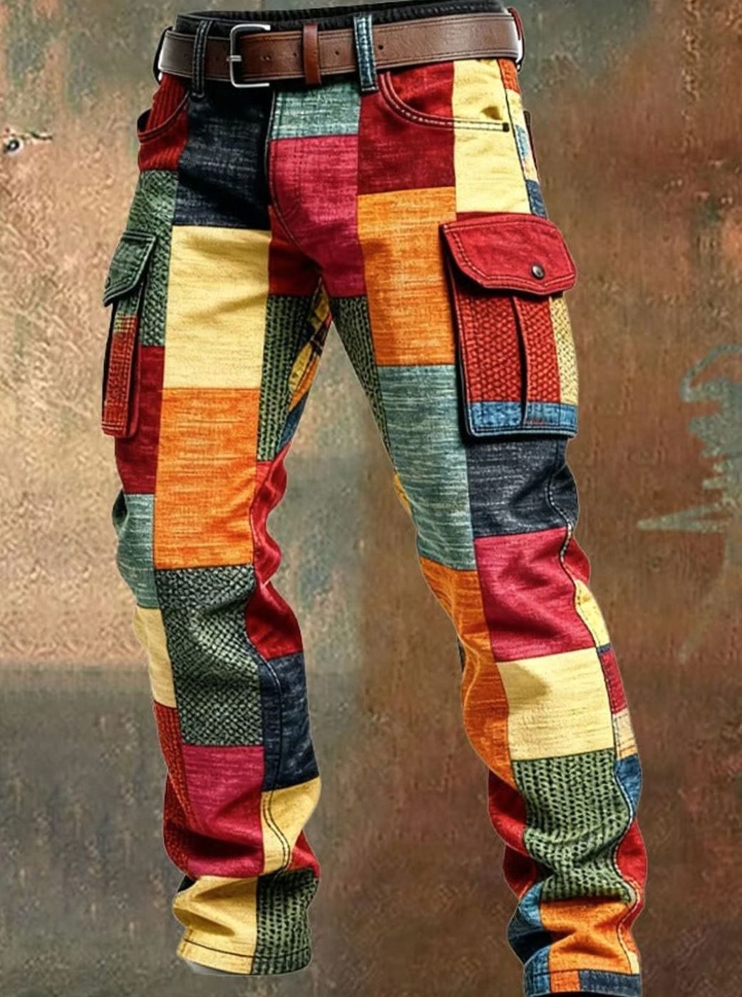 Men's Colorblock Patchwork Cargo Pants Multi-Pocket Regular Fit