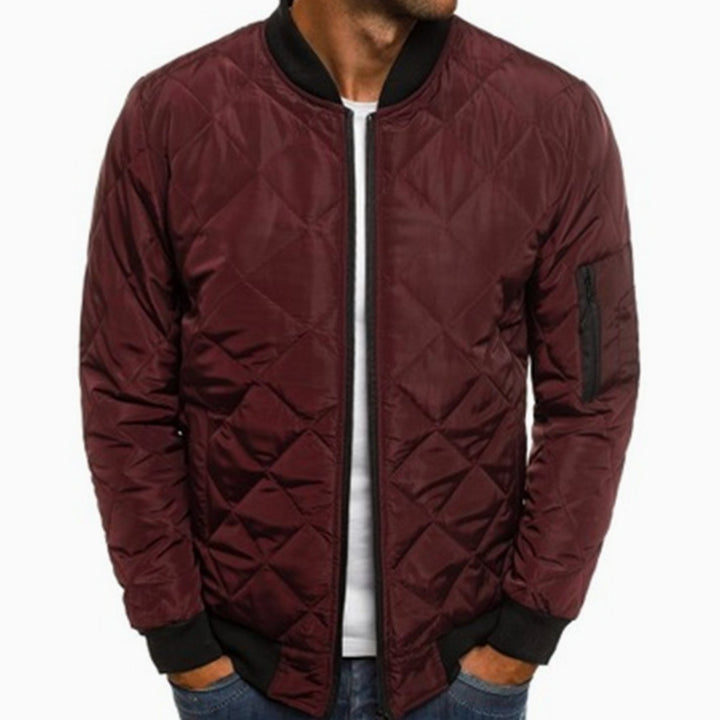 Men's Diamond-Quilted Bomber Jacket Streetwear Zip-Up Outerwear - Burgundy