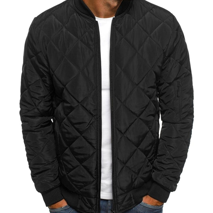 Men's Diamond-Quilted Bomber Jacket Streetwear Zip-Up Outerwear - Black