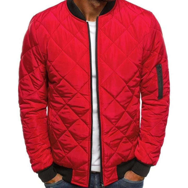 Men's Diamond-Quilted Bomber Jacket Streetwear Zip-Up Outerwear - Red