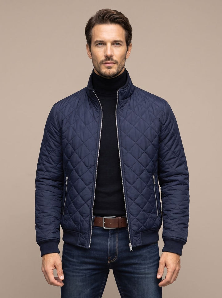 Men's Diamond-Quilted Fleece-Lined Zip-Up Winter Jacket - Navy Blue
