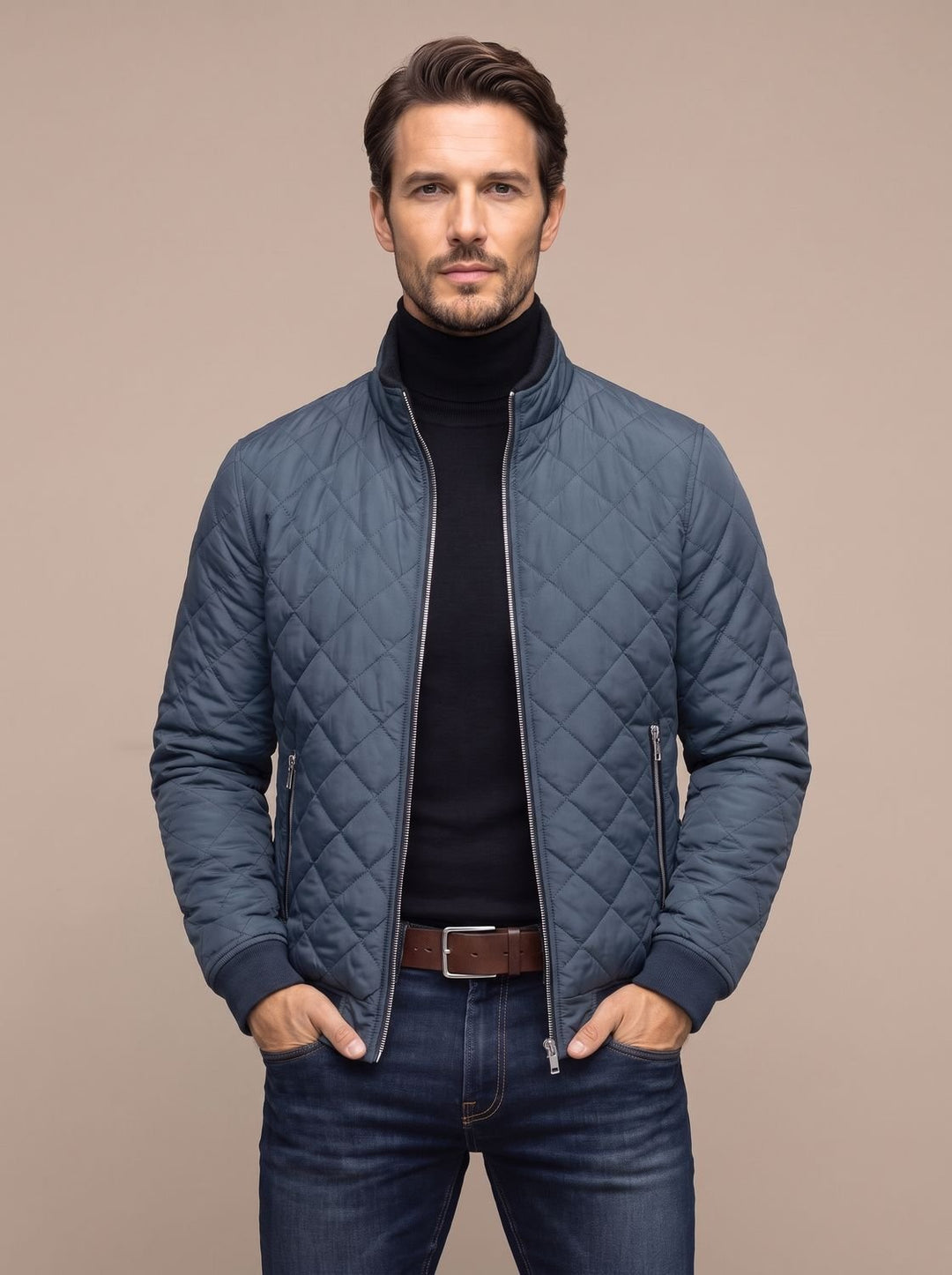 Men's Diamond-Quilted Fleece-Lined Zip-Up Winter Jacket - Gray