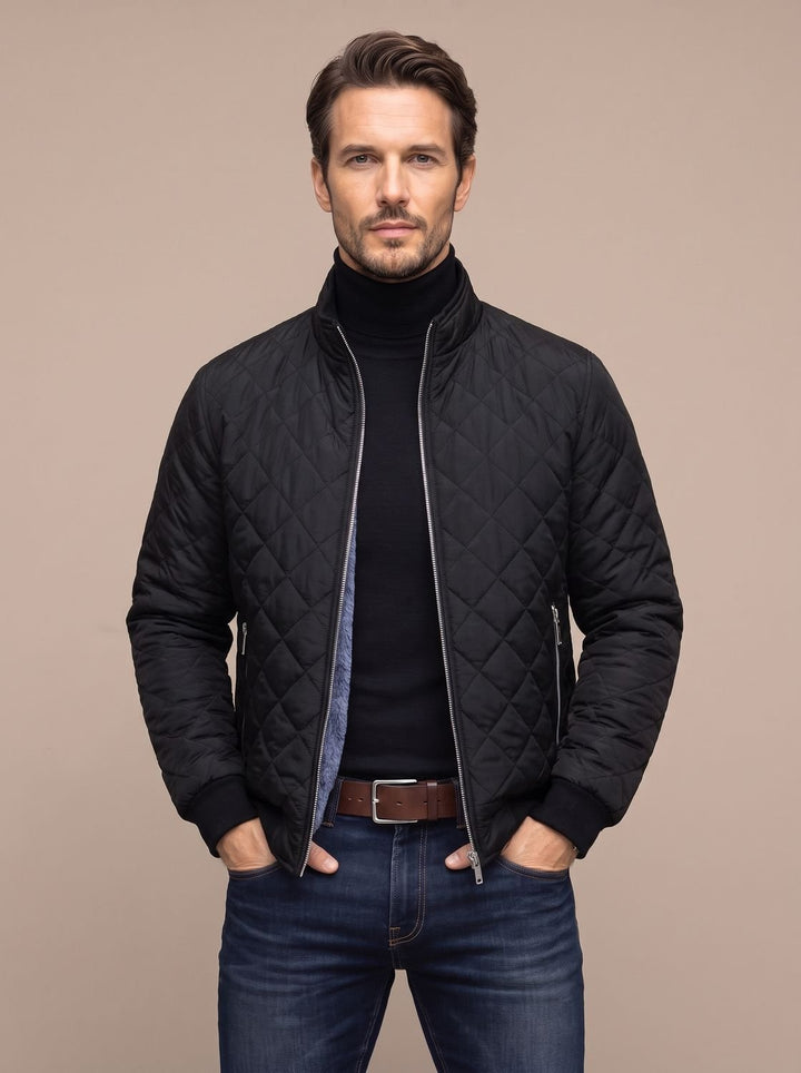 Men's Diamond-Quilted Fleece-Lined Zip-Up Winter Jacket - Black