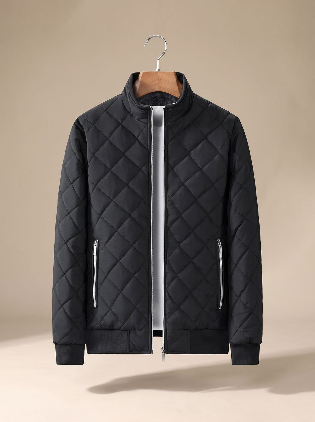 Men's Diamond-Quilted Full-Zip Bomber Jacket - Black