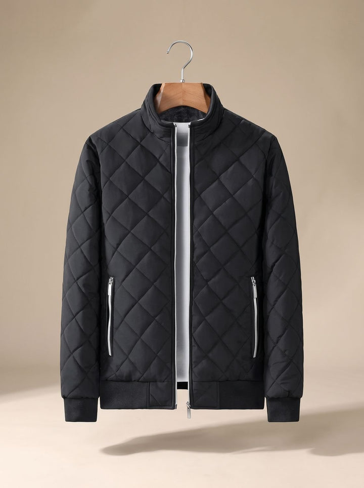 Men's Diamond-Quilted Full-Zip Bomber Jacket - Black