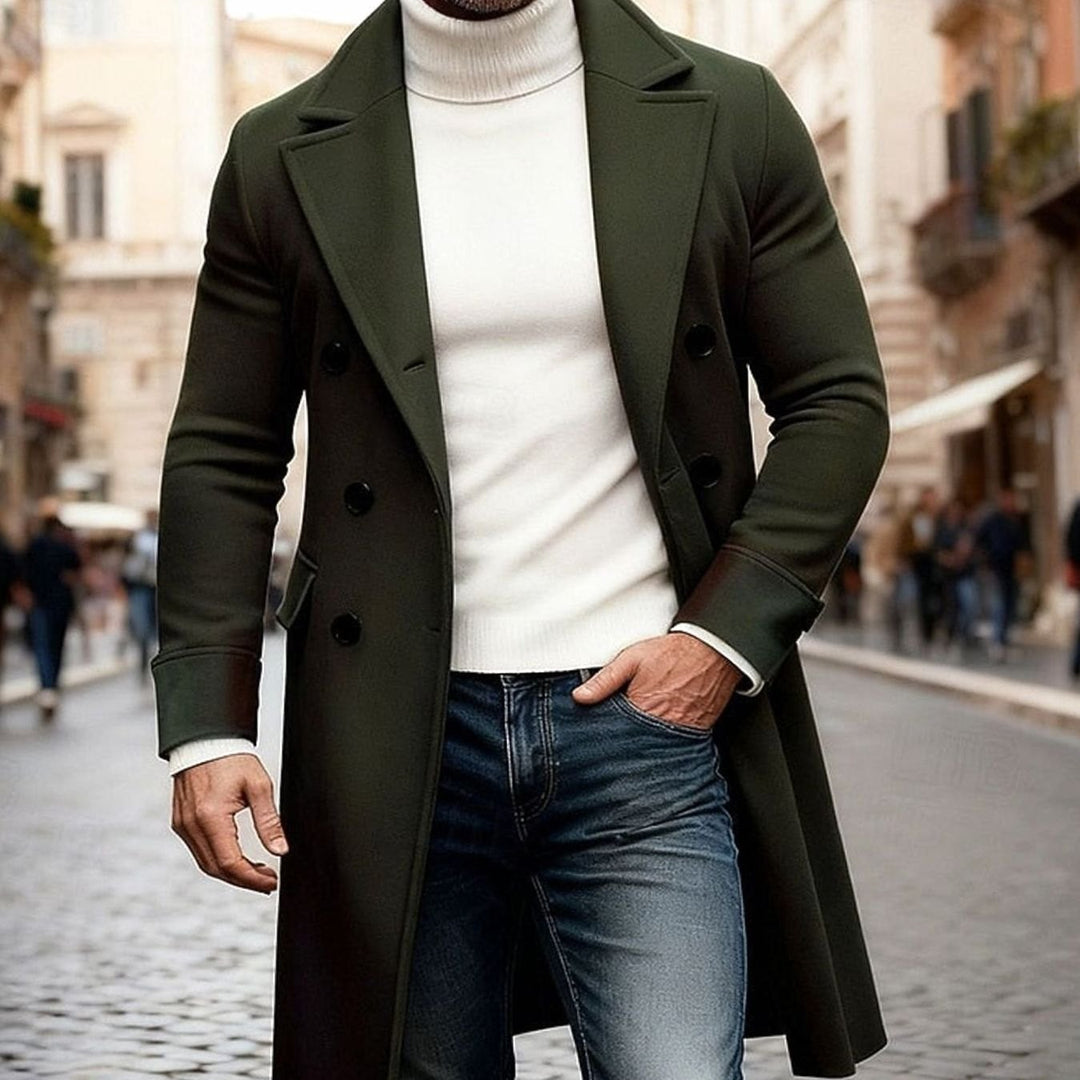 Men's Double-Breasted Long Wool Coat Tailored Overcoat - Army Green