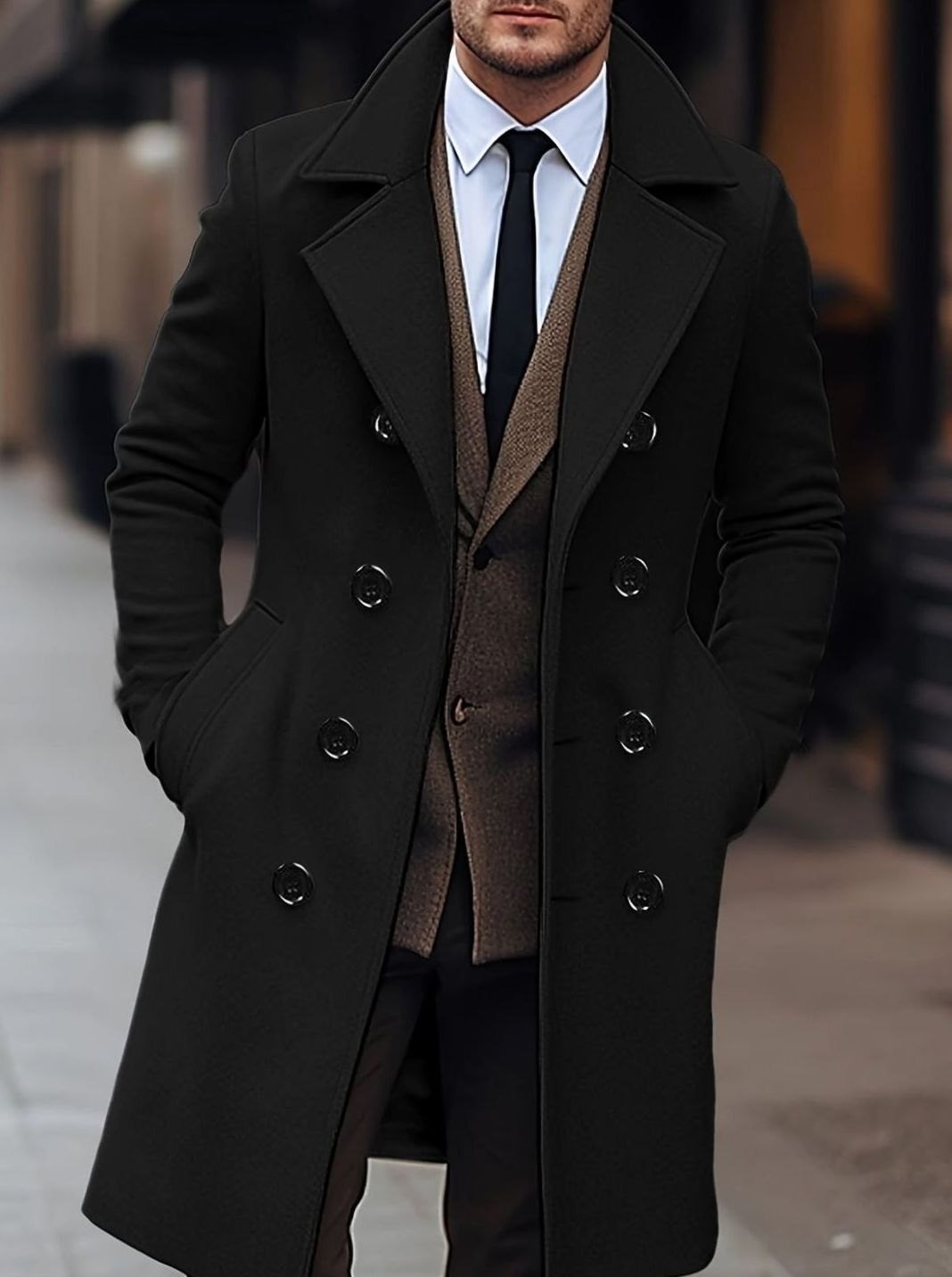 Men's Double-Breasted Tailored Wool Overcoat