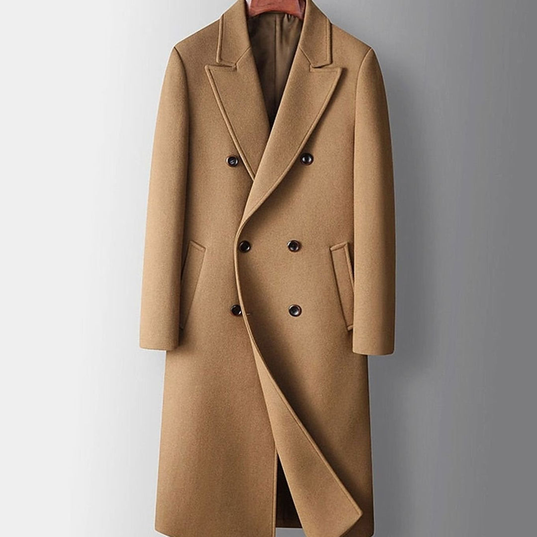 Men's Double-Breasted Wool Overcoat Long Tailored Coat - Khaki