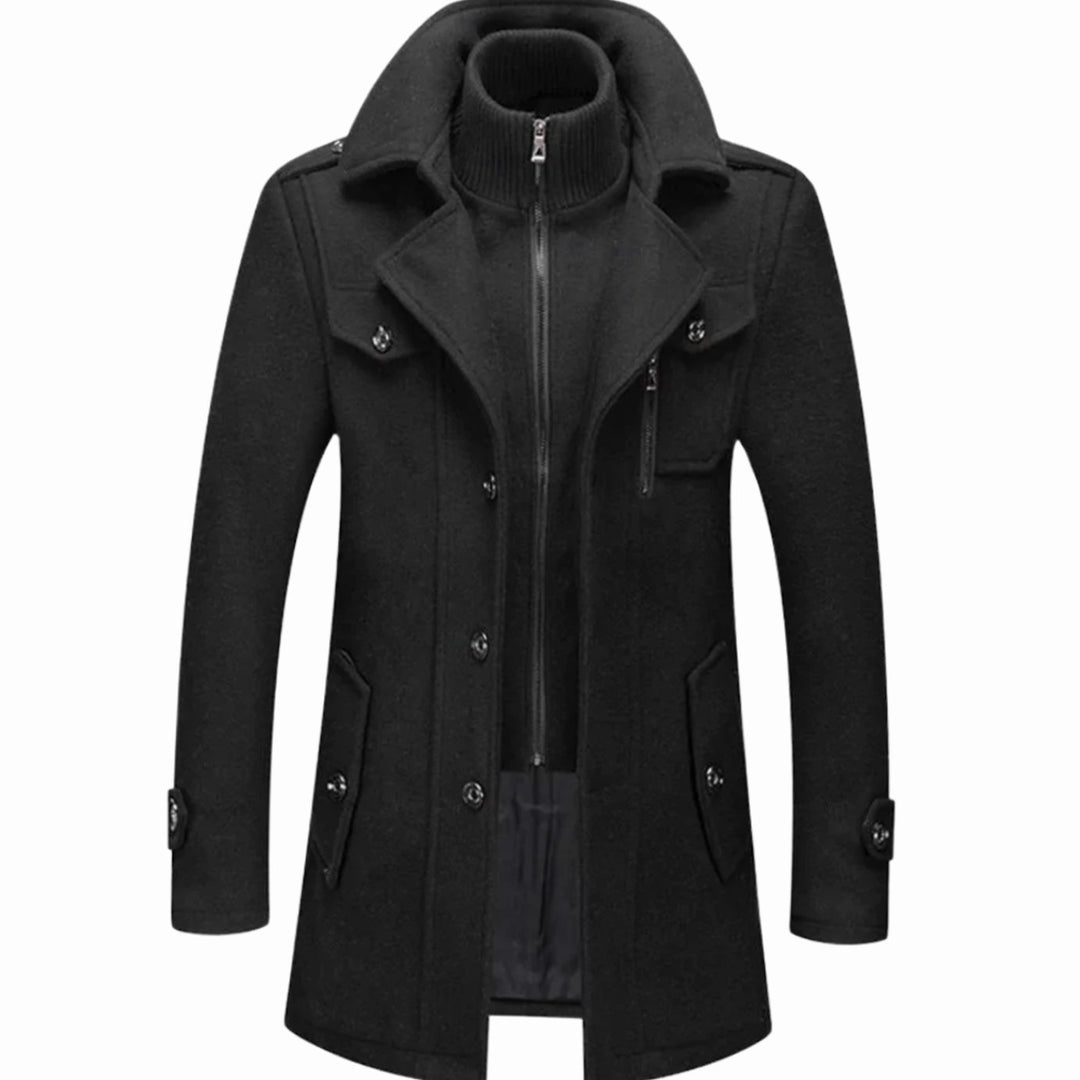 Men's Double Layer Wool-Blend Long Coat Structured Button-Up Overcoat - Black