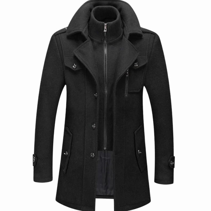 Men's Double Layer Wool-Blend Long Coat Structured Button-Up Overcoat - Black