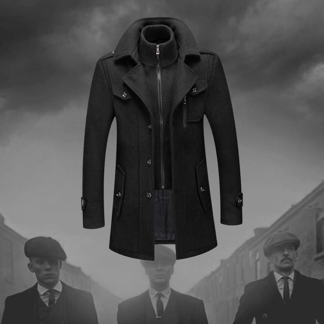 Men's Double Layer Wool-Blend Long Coat Structured Button-Up Overcoat