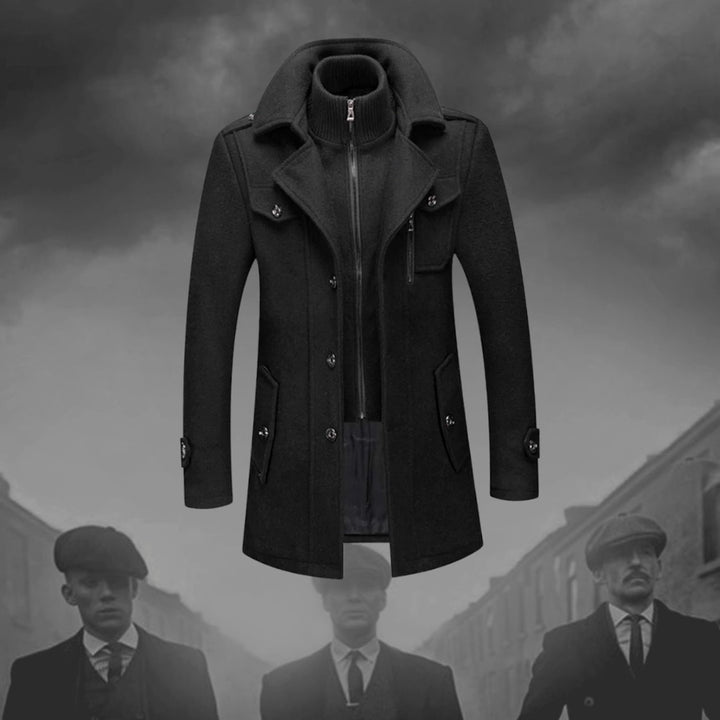 Men's Double Layer Wool-Blend Long Coat Structured Button-Up Overcoat