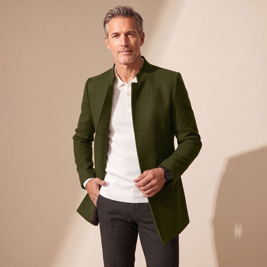 Men's Elegant Slim-Fit Collarless Winter Dress Coat - Military Green