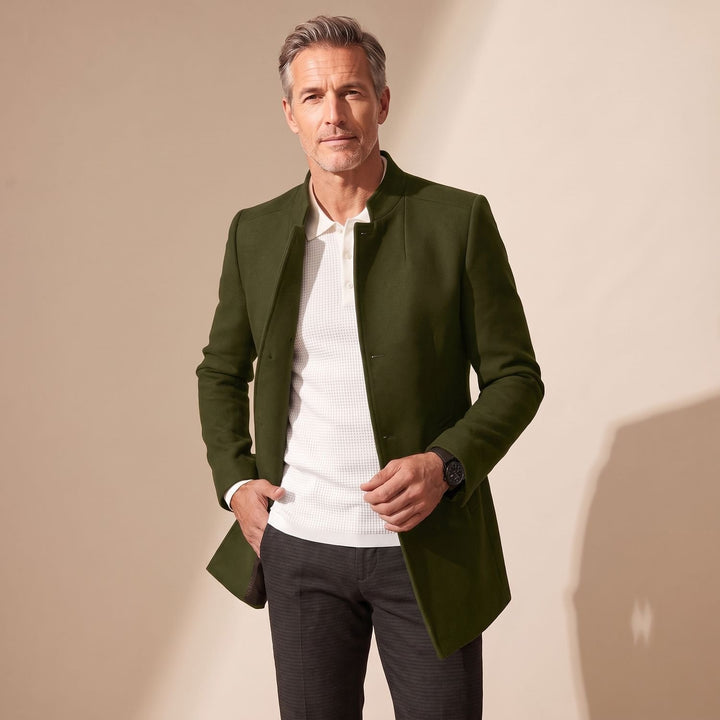 Men's Elegant Slim-Fit Collarless Winter Dress Coat - Military Green